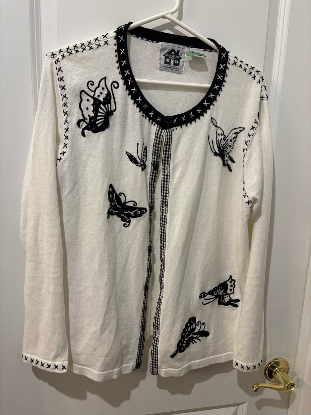 Vintage RARE Storybook Knits bead cardigan black white butterfly gingham L
